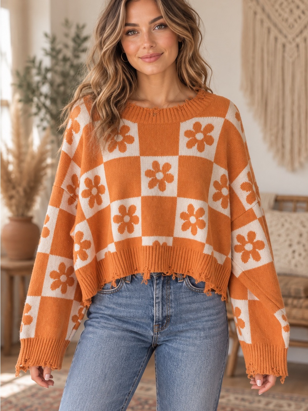 POL Orange and Cream Checkerflower Distressed Sweater (121089) 🌼 ☀️